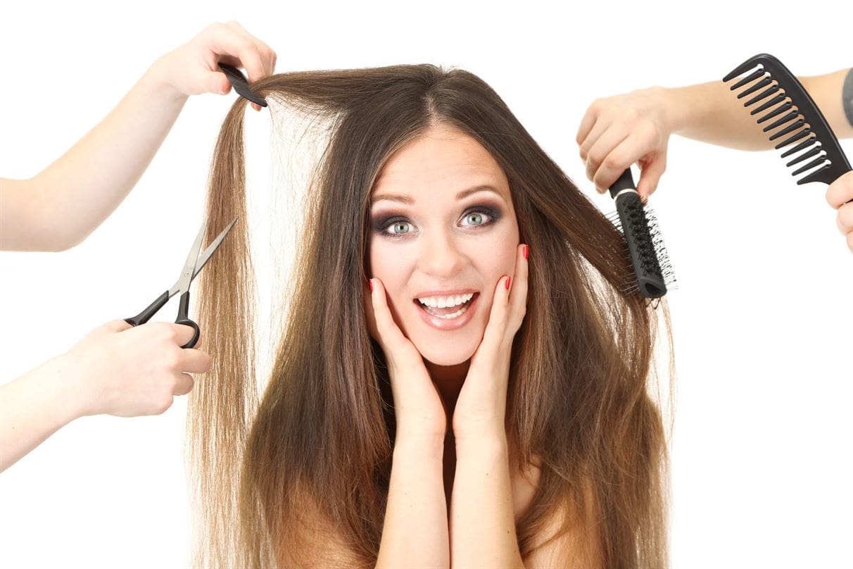 Woman with long hair in beauty salon, isolated on white