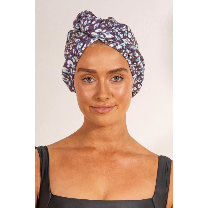 Louvelle RIVA Hair Towel Wrap in Denim Leopard