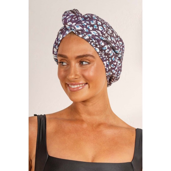 Louvelle RIVA Hair Towel Wrap in Denim Leopard