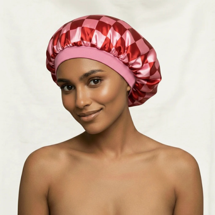 Louvelle Satin Sleep Bonnet in Red Pink Check