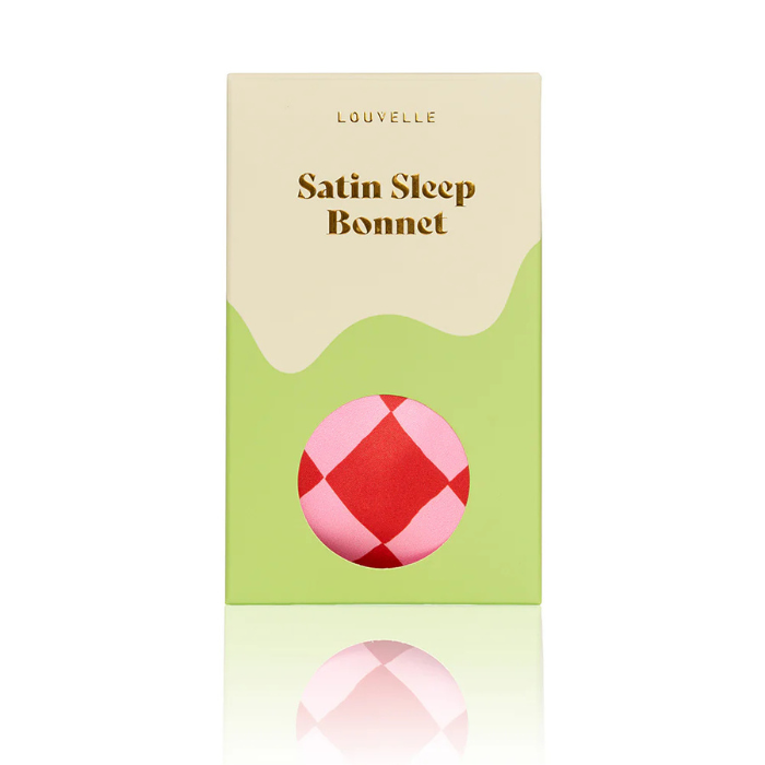 Louvelle Satin Sleep Bonnet in Red Pink Check