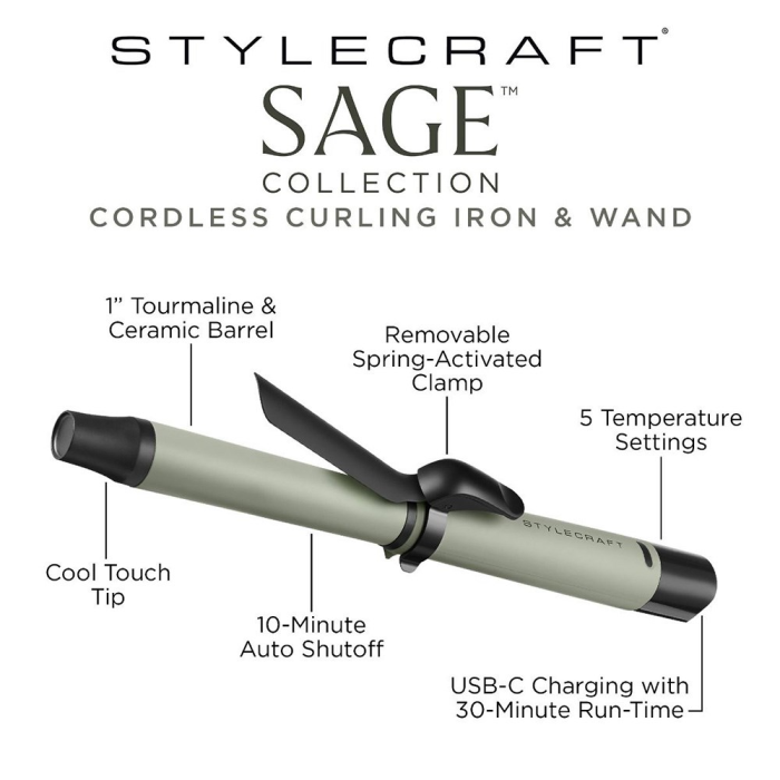 Silver Bullet StyleCraft Sage Cordless Curling Iron with Detachable Clamp